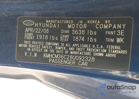 2008 Hyundai Accent Gs из США, поврежденный, VIN KMHCM36C28U092328